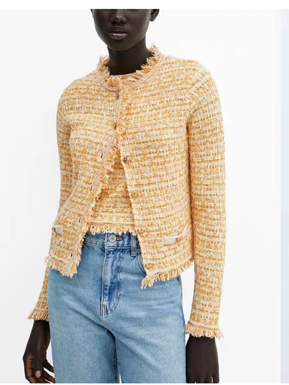 Mango Peach Tweed Frayed-Edge Cropped Jacket